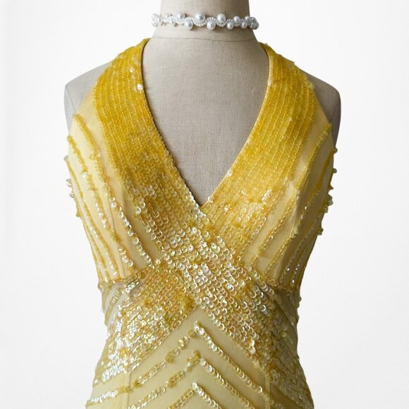 Vintage Y2K Yellow Halter Beaded Sequin Mesh Bodycon Maxi Prom Dress Size XS/S - Picture 5 of 14